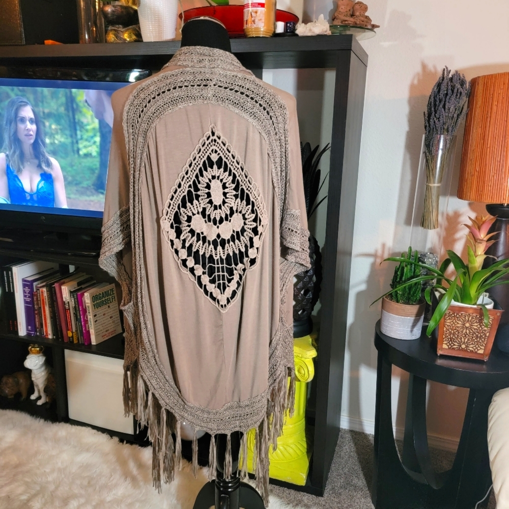 JODIFL Boho Crochet Detail Woven Duster Top Khaki sz L